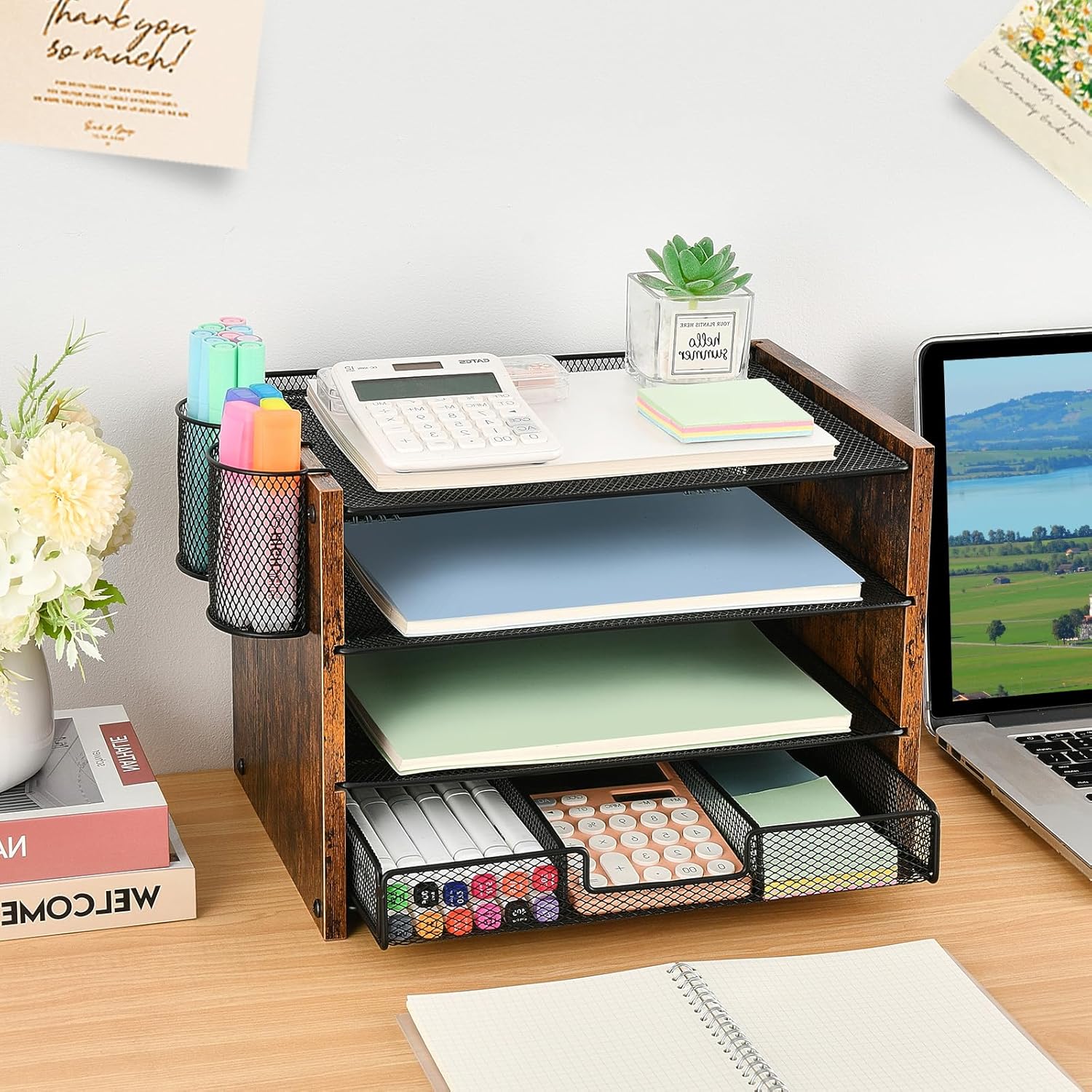 Desk Organizer and Accessories, 4-Tier Paper Letter Tray File Organizer with Drawer &amp; 2 Pen Holder, Office Desk Accessories Workspace Desktop Organizer for Office Supplies(Brown)