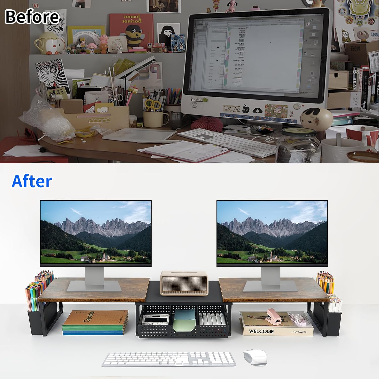 Desk Dual Monitor Stand Riser - Desk Organizer with Drawer and Pen Holders, Office Desk Accessories &amp; Workspace Organization, Computer Monitor Stand for Laptop, Printer, TV, Office Decor, Wood