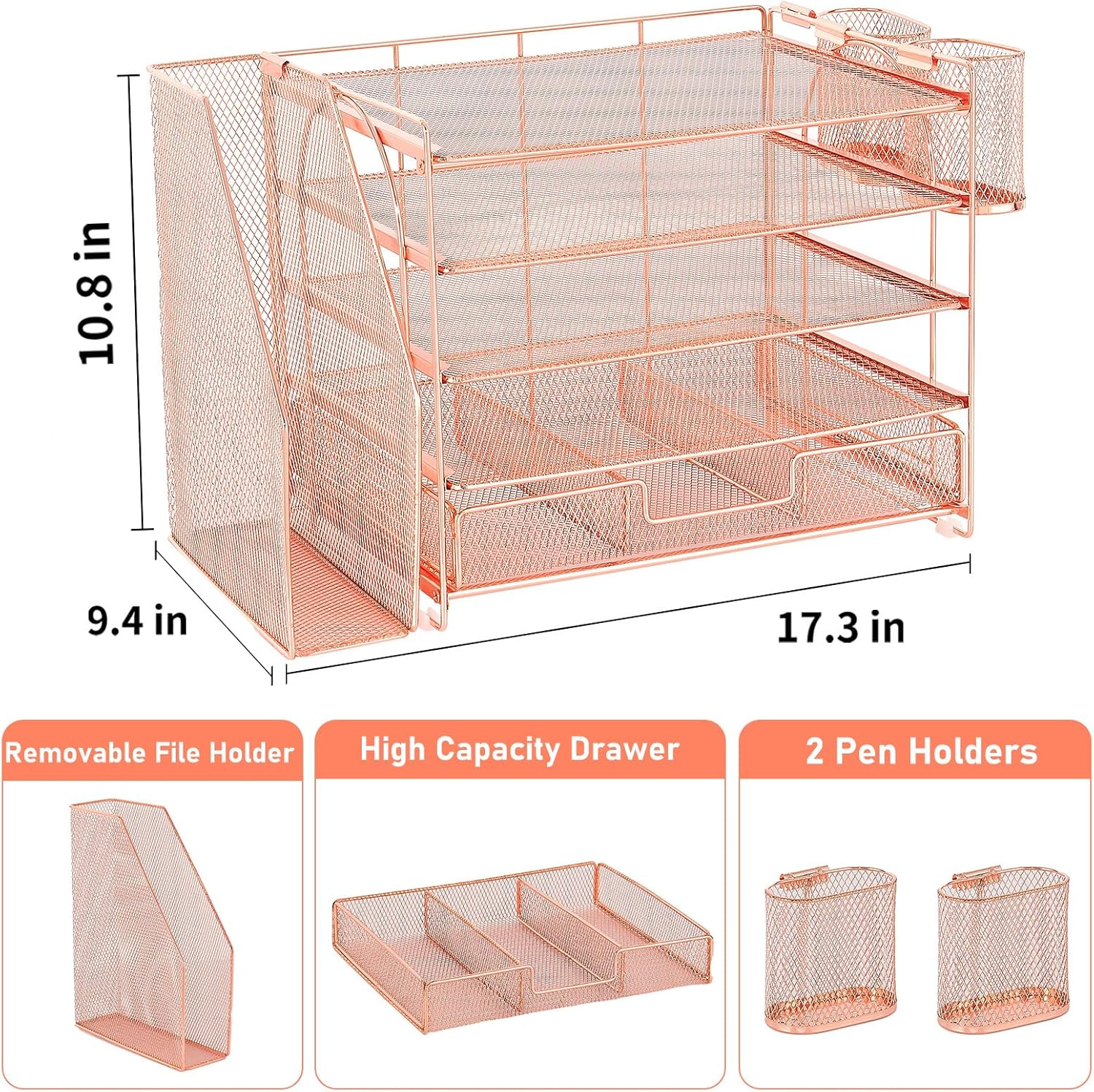 Desk Organizers and Accessories, 5-Tier Paper File Organizer with Drawer &amp; Pen Holder, Office Desk Accessories Workspace Desktop Organizer for Office Supplies (Rose Gold)