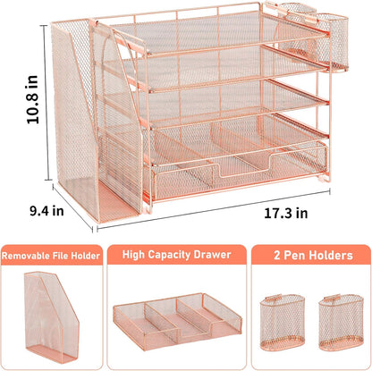 Desk Organizers and Accessories, 5-Tier Paper File Organizer with Drawer &amp; Pen Holder, Office Desk Accessories Workspace Desktop Organizer for Office Supplies (Rose Gold)