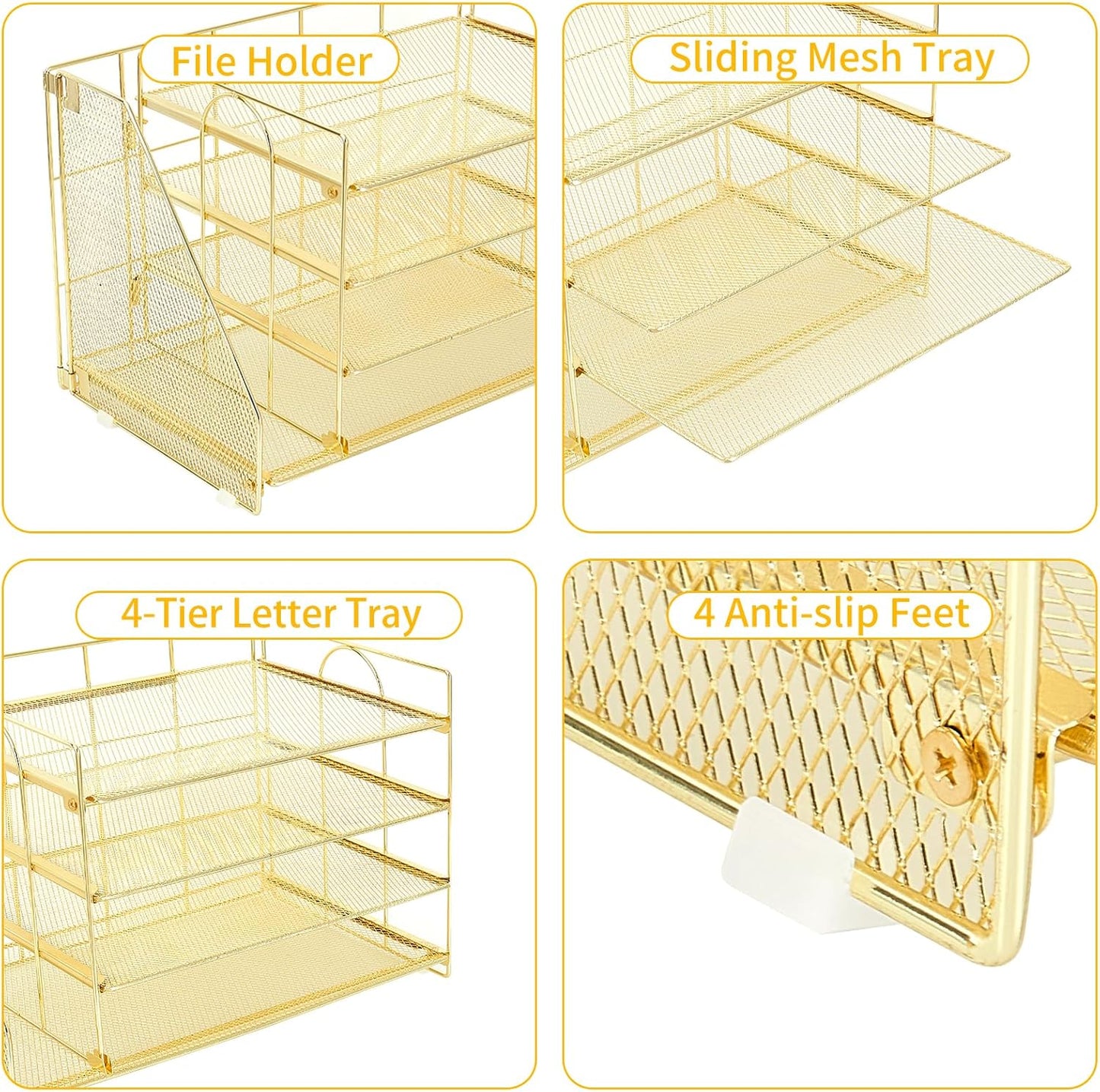 Desk Organizers and Accessories, 4 Tier Paper Letter Tray File Organizer, Desk Accessories Workspace Desktop Organizer for Classroom Office Supplies, Gold