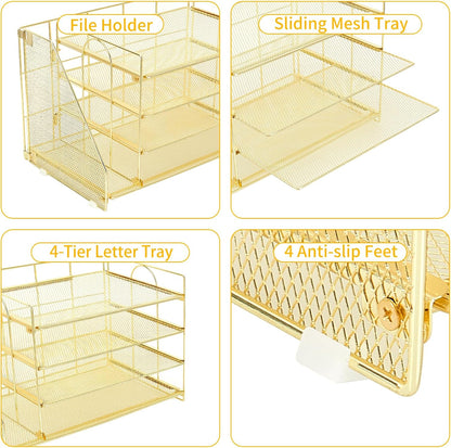 Desk Organizers and Accessories, 4 Tier Paper Letter Tray File Organizer, Desk Accessories Workspace Desktop Organizer for Classroom Office Supplies, Gold