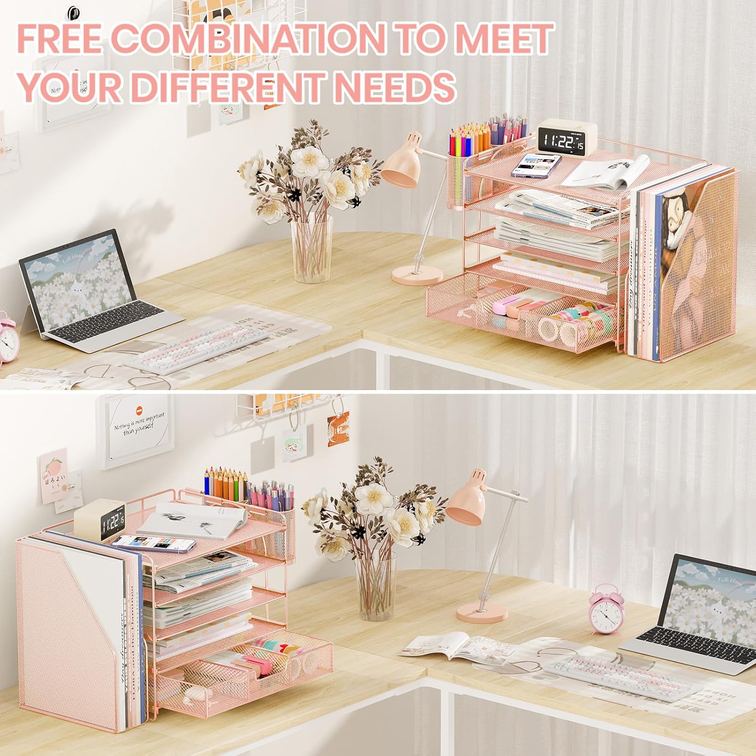 Desk Organizers and Accessories, 5-Tier Paper File Organizer with Drawer &amp; Pen Holder, Office Desk Accessories Workspace Desktop Organizer for Office Supplies (Rose Gold)