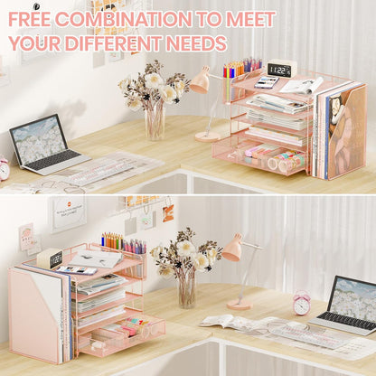Desk Organizers and Accessories, 5-Tier Paper File Organizer with Drawer &amp; Pen Holder, Office Desk Accessories Workspace Desktop Organizer for Office Supplies (Rose Gold)