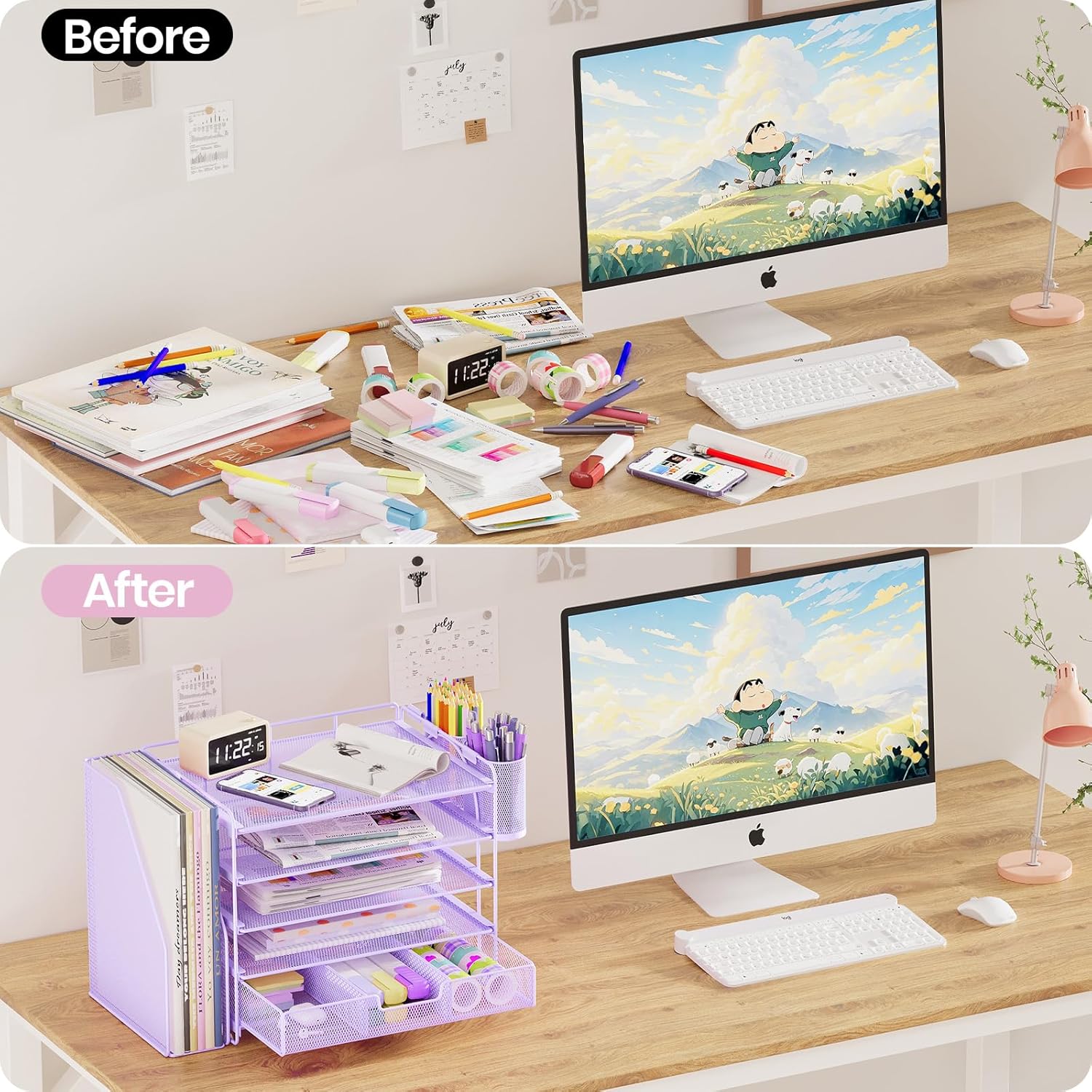 Desk Organizers and Accessories, 5-Tier Paper File Organizer with Drawer &amp; Pen Holder, Office Desk Accessories Workspace Desktop Organizer for Office Supplies((Purple)