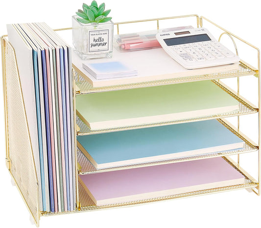 Desk Organizers and Accessories, 4 Tier Paper Letter Tray File Organizer, Desk Accessories Workspace Desktop Organizer for Classroom Office Supplies, Gold