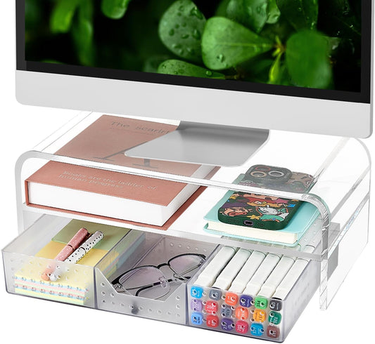 Acrylic Clear Desk Organizers and Accessories, 2-Tier Computer Monitor Stand Riser with Drawer, Office Desk Accessories for Office Supplies, Transparent