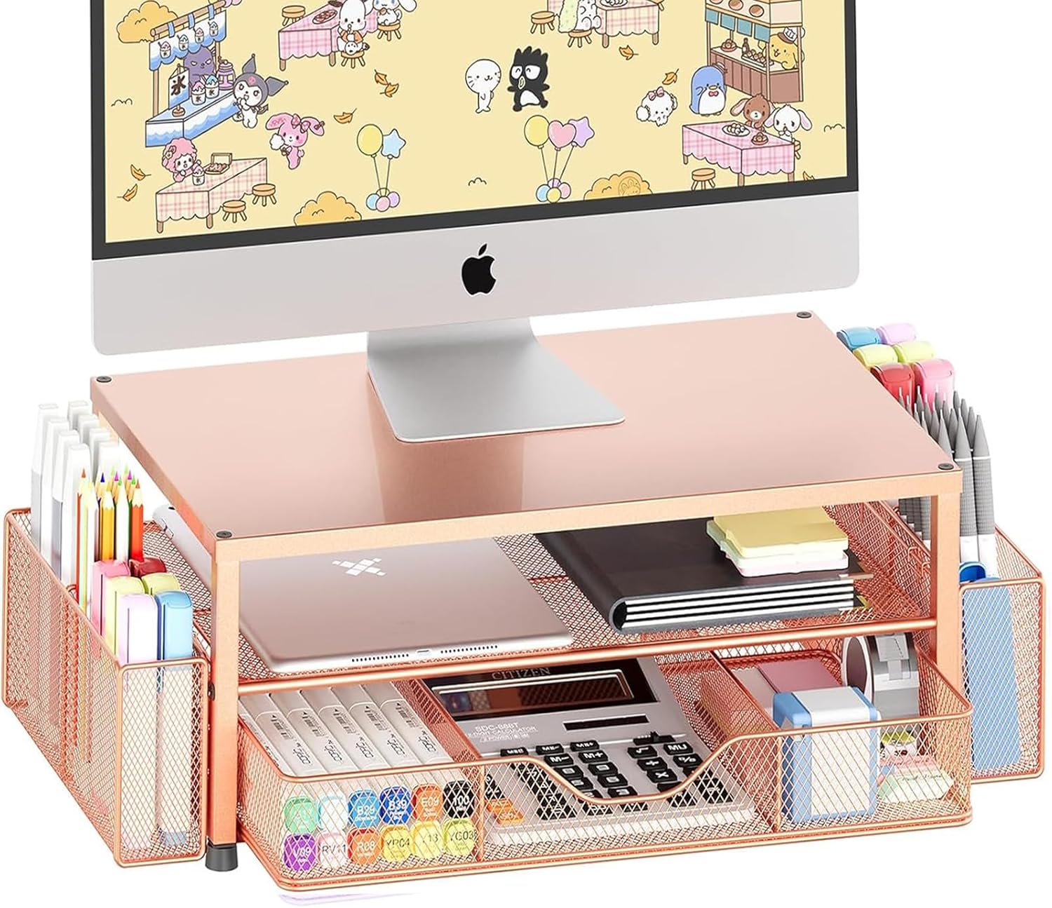 Desk Organizers and Accessories, 2-Tier Computer Monitor Stand with Drawer and 2 Pen Holders, Office Desk Accessories for Office Supplies, Rose Gold