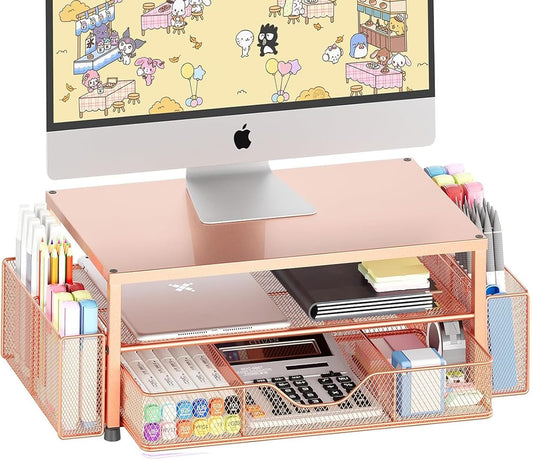 Desk Organizers and Accessories, 2-Tier Computer Monitor Stand with Drawer and 2 Pen Holders, Office Desk Accessories for Office Supplies, Rose Gold