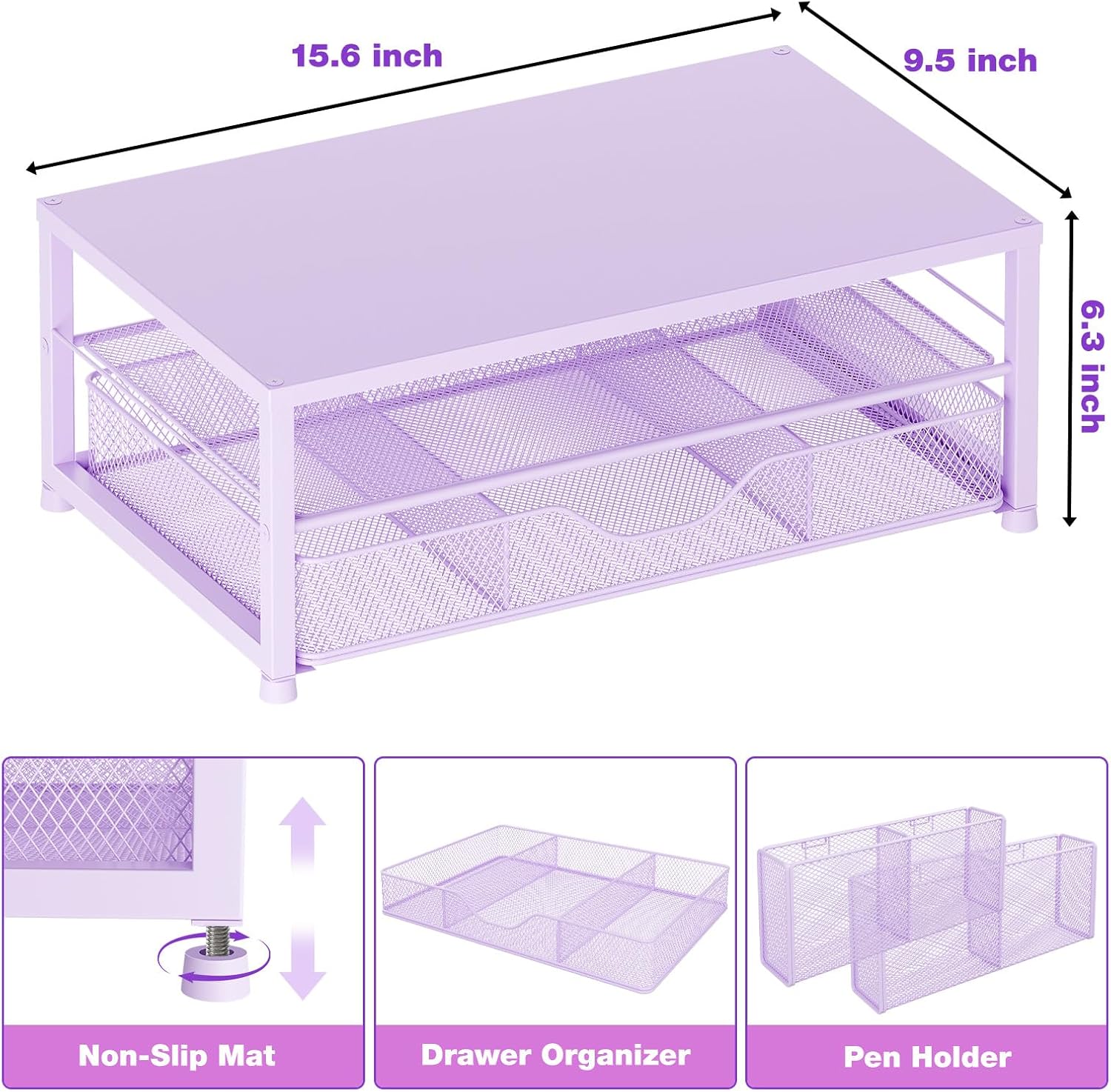 Desk Organizers and Accessories, 2-Tier Computer Monitor Stand Riser with Drawer and 2 Pen Holders, Office Desk Accessories for Office Supplies, Purple