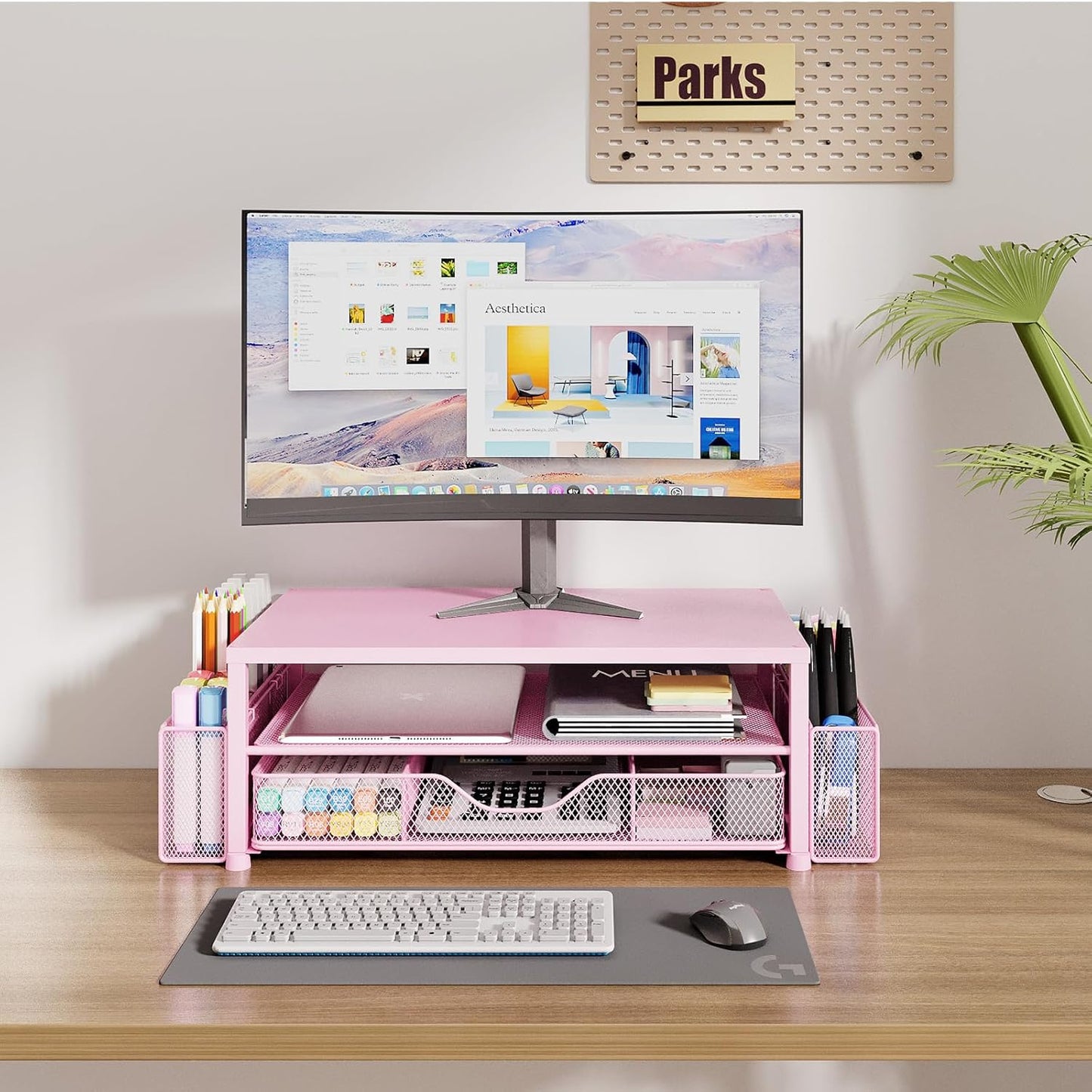 Desk Organizers and Accessories, 2-Tier Computer Monitor Stand Riser with Drawer and 2 Pen Holders, Office Desk Accessories for Office Supplies, Pink