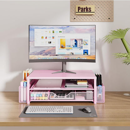 Desk Organizers and Accessories, 2-Tier Computer Monitor Stand Riser with Drawer and 2 Pen Holders, Office Desk Accessories for Office Supplies, Pink