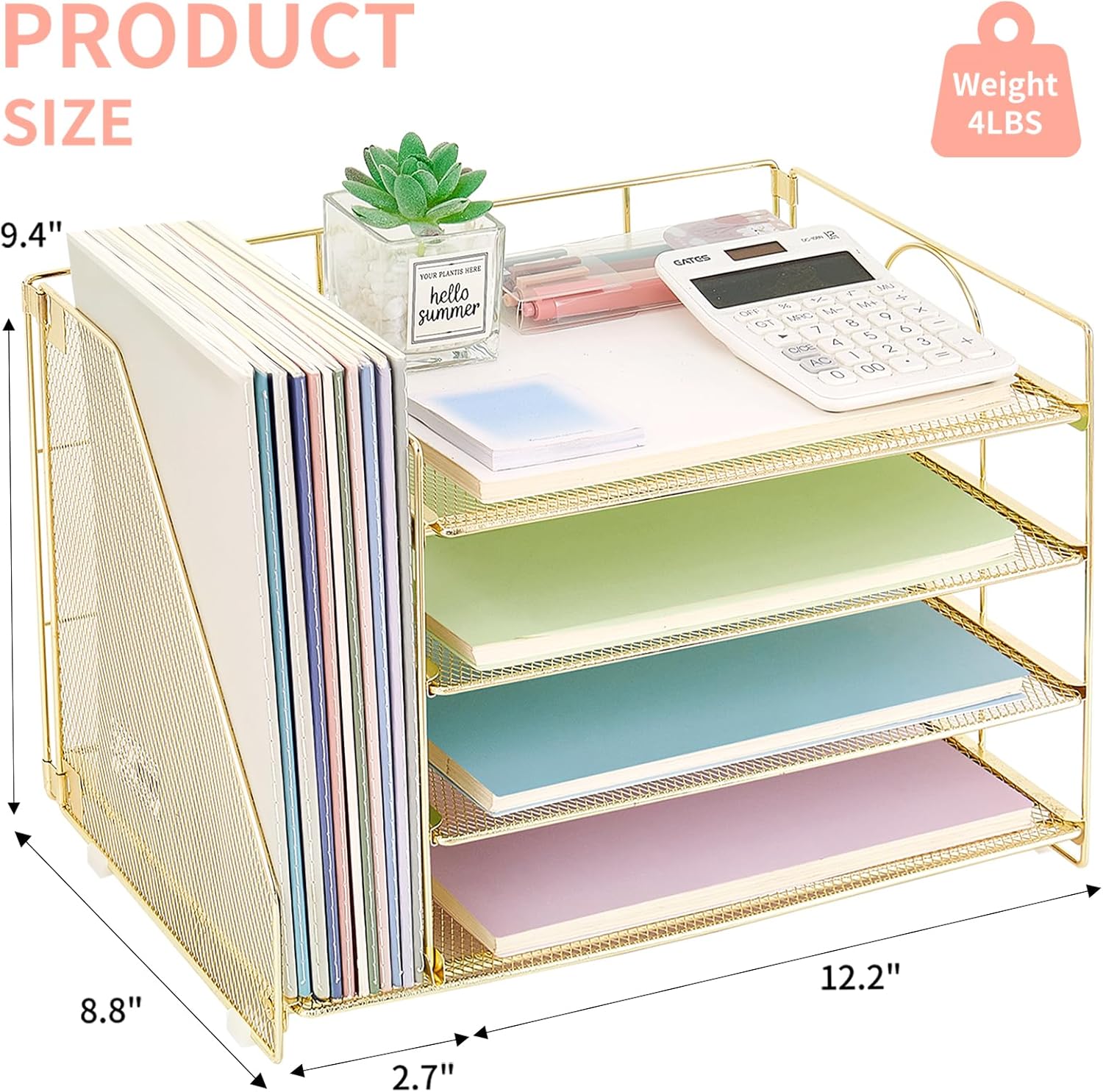 Desk Organizers and Accessories, 4 Tier Paper Letter Tray File Organizer, Desk Accessories Workspace Desktop Organizer for Classroom Office Supplies, Gold