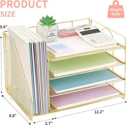 Desk Organizers and Accessories, 4 Tier Paper Letter Tray File Organizer, Desk Accessories Workspace Desktop Organizer for Classroom Office Supplies, Gold
