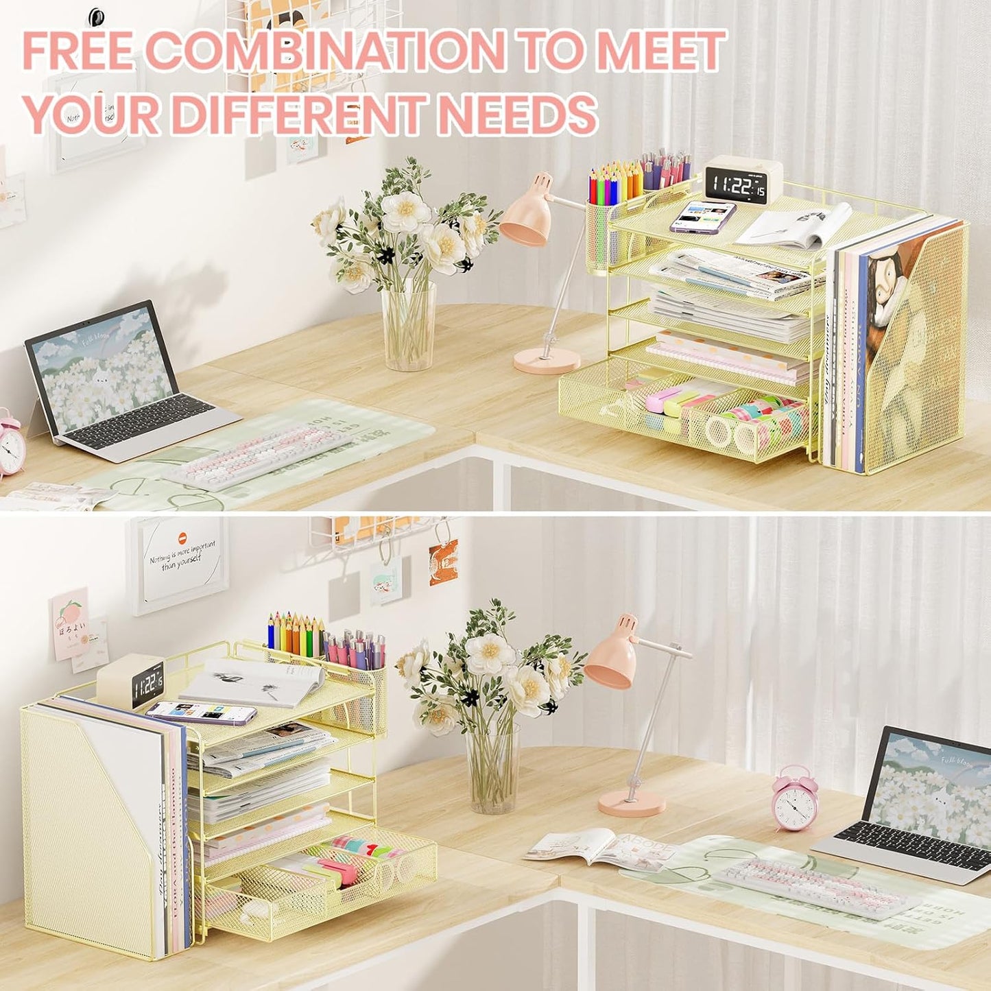 Desk Organizers and Accessories, 5-Tier Paper File Organizer with Drawer &amp; Pen Holder, Office Desk Accessories Workspace Desktop Organizer for Office Supplies(Gold)