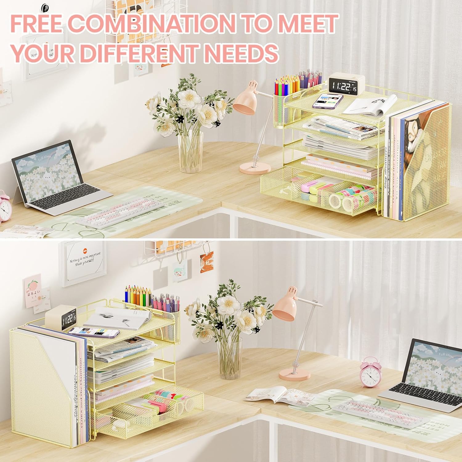 Desk Organizers and Accessories, 5-Tier Paper File Organizer with Drawer &amp; Pen Holder, Office Desk Accessories Workspace Desktop Organizer for Office Supplies(Gold)