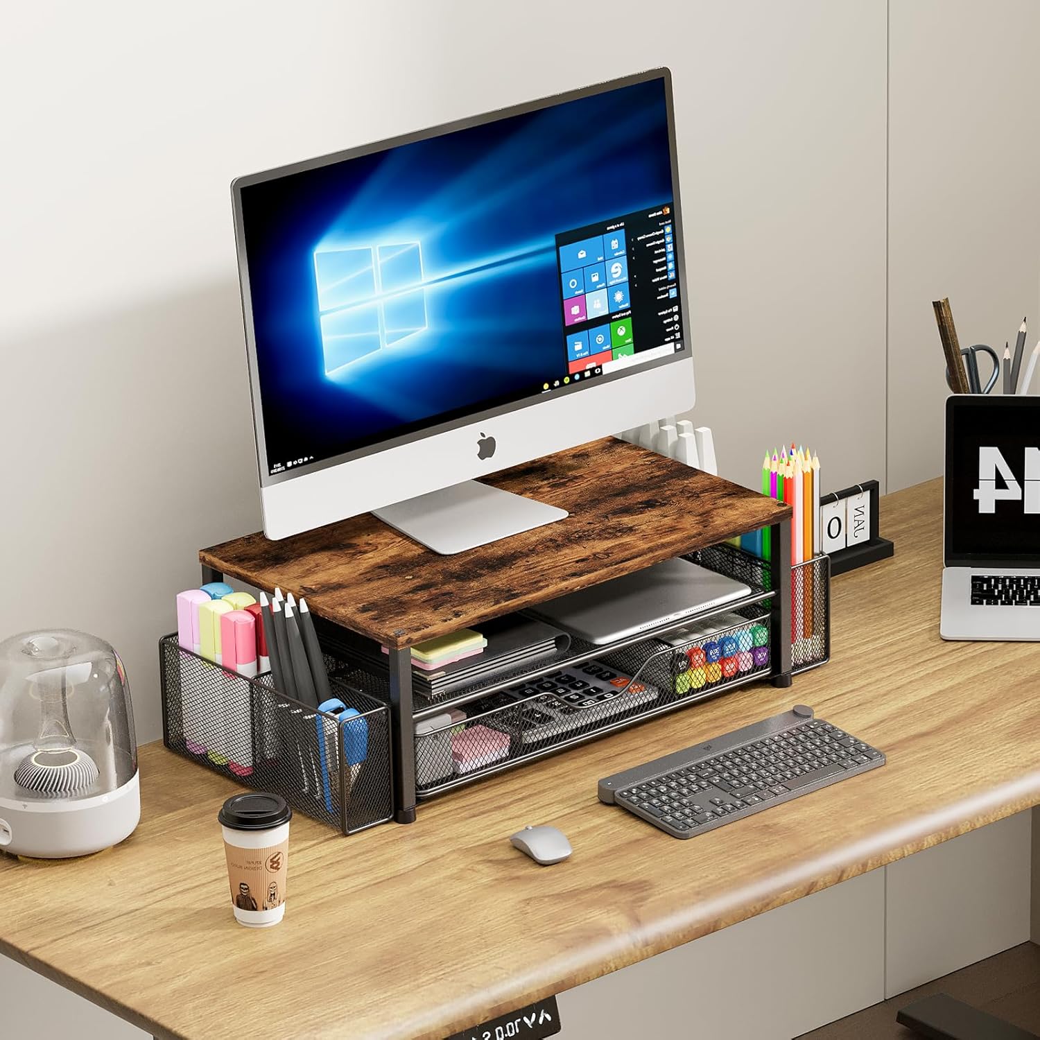 Desk Organizers and Accessories, 2-Tier Computer Monitor Stand Riser with Drawer and 2 Pen Holders, Office Desk Accessories for Office Supplies, Brown