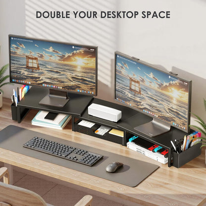 Desk Organizers and Accessories, Dual Monitor Stand Riser with Drawer and 2 Pen Holders, Desk Shelf Metal Computer Monitor Stand for Office Workspace Organizers, Desktop Organization (Black)