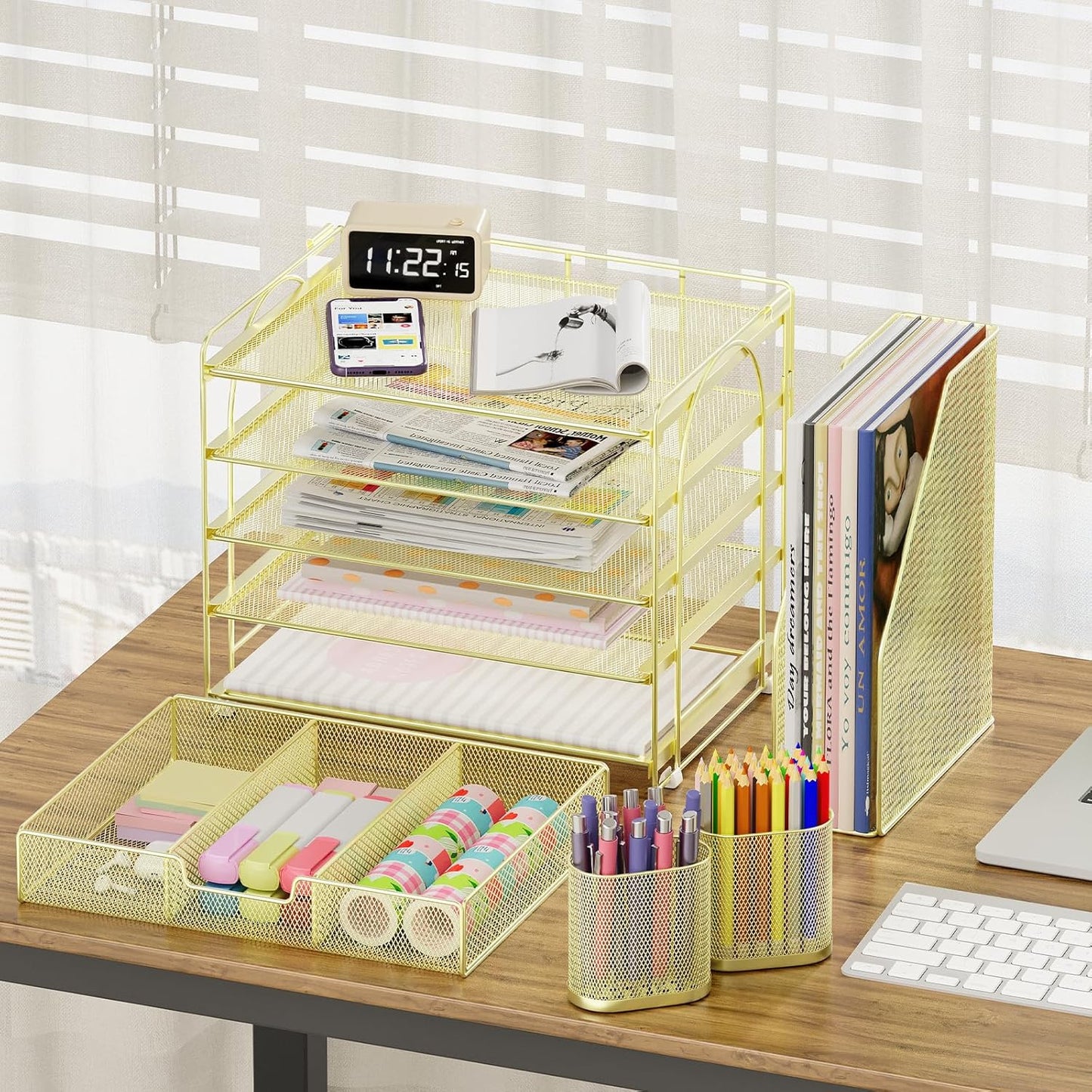Desk Organizers and Accessories, 5-Tier Paper File Organizer with Drawer &amp; Pen Holder, Office Desk Accessories Workspace Desktop Organizer for Office Supplies(Gold)