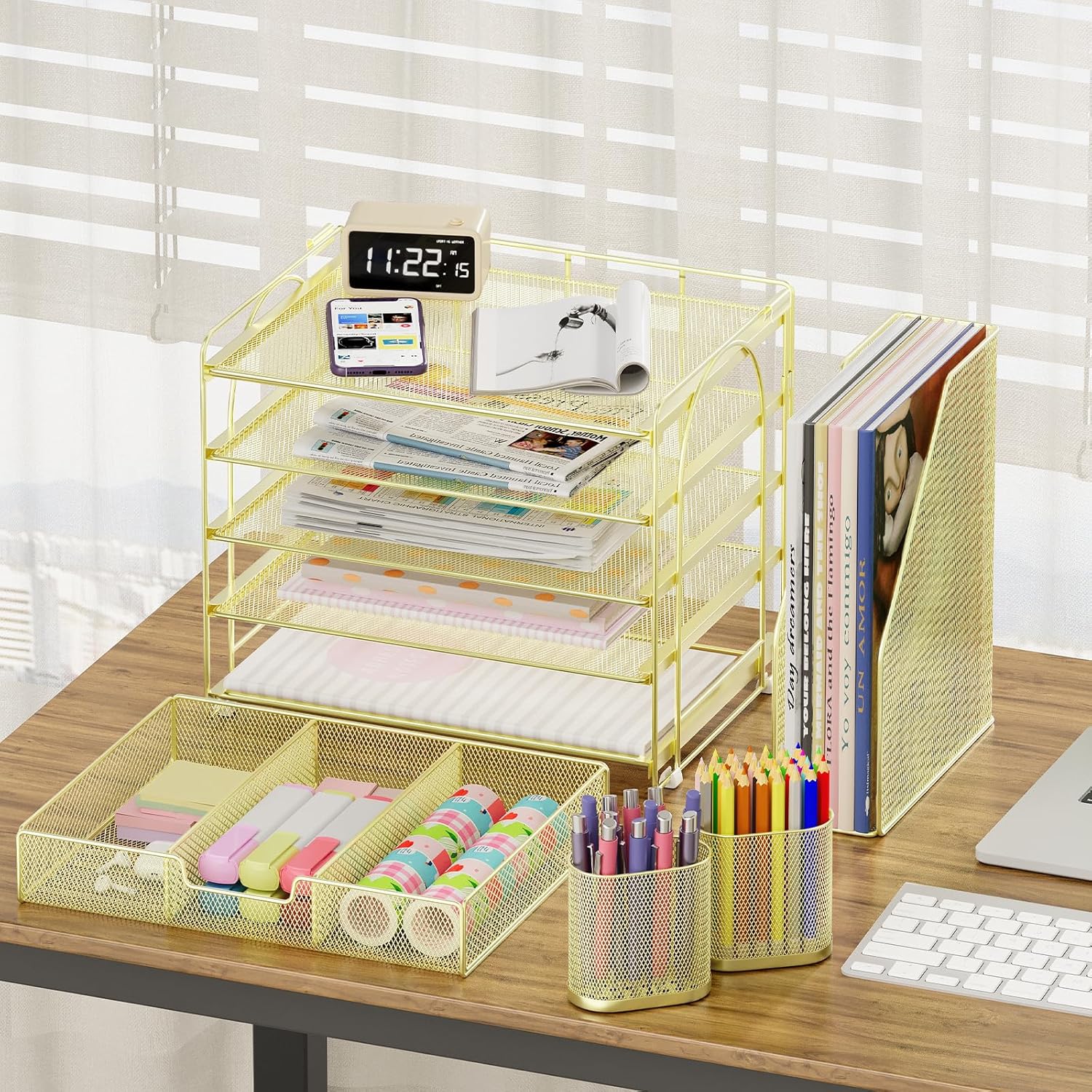 Desk Organizers and Accessories, 5-Tier Paper File Organizer with Drawer &amp; Pen Holder, Office Desk Accessories Workspace Desktop Organizer for Office Supplies(Gold)