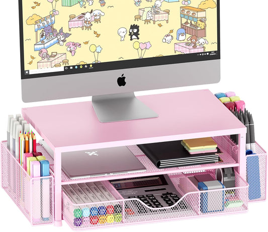 Desk Organizers and Accessories, 2-Tier Computer Monitor Stand Riser with Drawer and 2 Pen Holders, Office Desk Accessories for Office Supplies, Pink