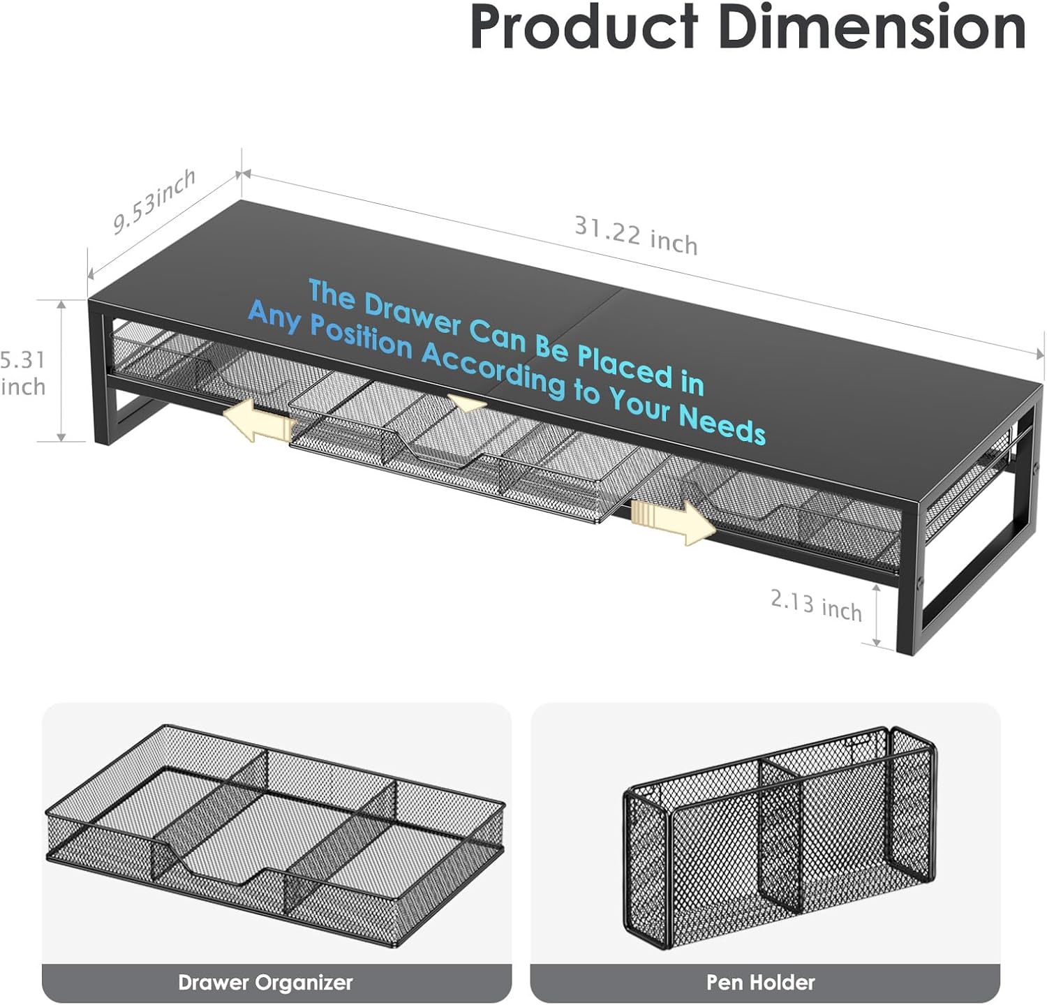 Desk Organizers and Accessories, 2-Tier Dual Computer Monitor Stand Riser for Desk Organizer with Drawer &amp; Pen Holder, Desktop Workspace Organizer &amp; Desk Accessories for Office Supplies(Black)