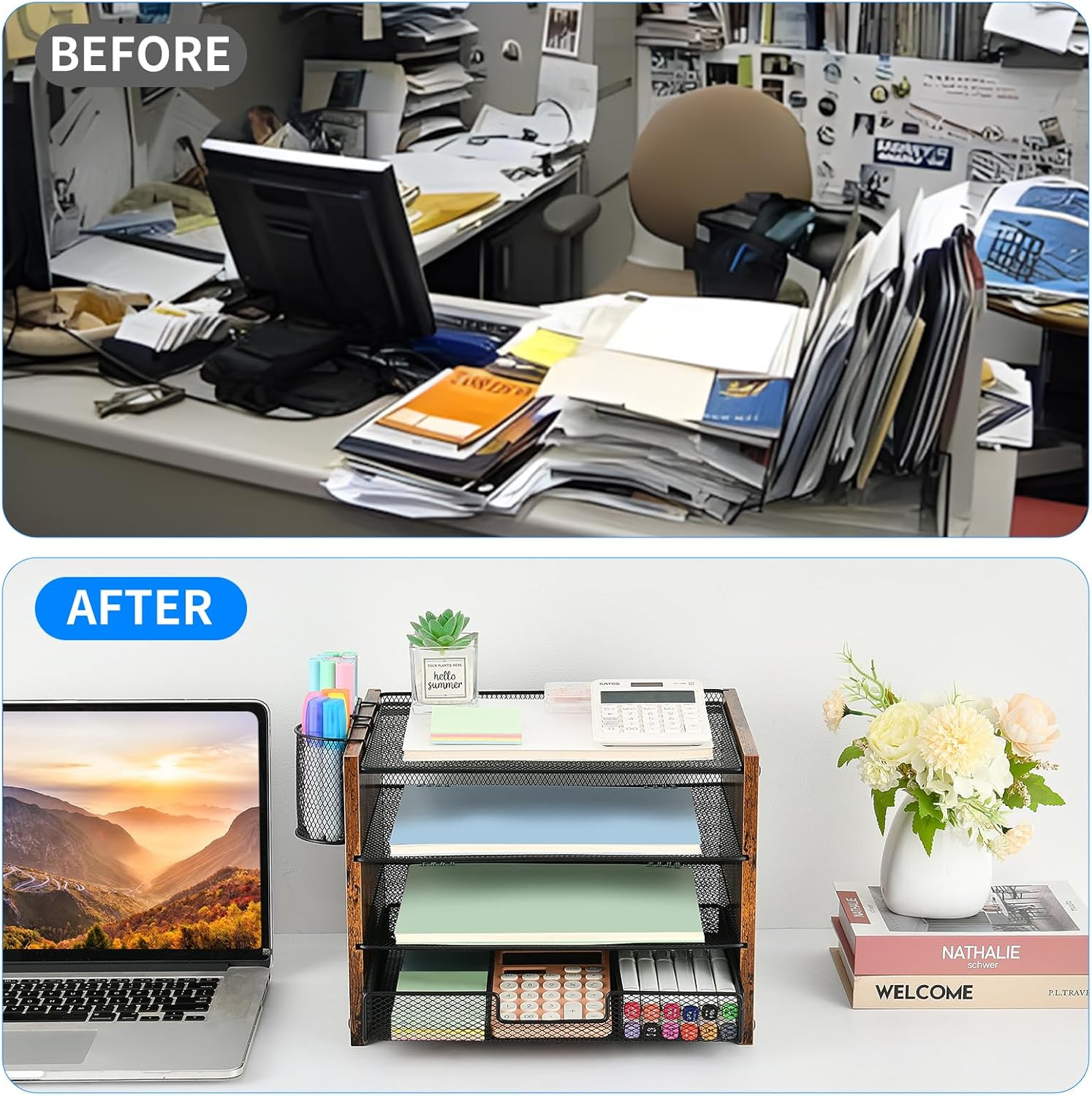 Desk Organizer and Accessories, 4-Tier Paper Letter Tray File Organizer with Drawer &amp; 2 Pen Holder, Office Desk Accessories Workspace Desktop Organizer for Office Supplies(Brown)