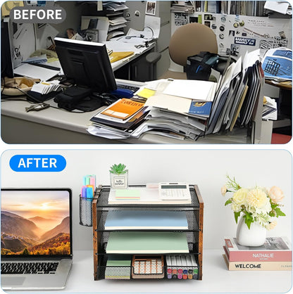 Desk Organizer and Accessories, 4-Tier Paper Letter Tray File Organizer with Drawer &amp; 2 Pen Holder, Office Desk Accessories Workspace Desktop Organizer for Office Supplies(Brown)