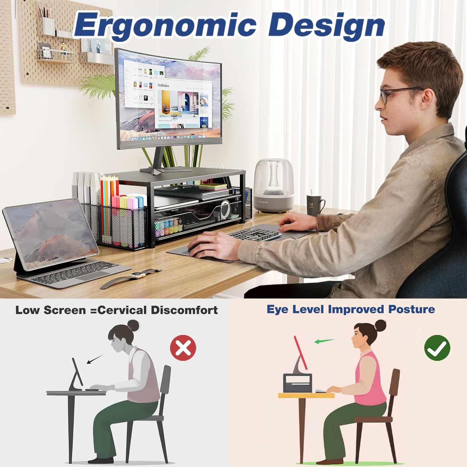Desk Organizers and Accessories, 2-Tier Computer Monitor Stand Riser with Drawer and 2 Pen Holders, Office Desk Accessories for Office Supplies, Brown