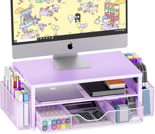 Desk Organizers and Accessories, 2-Tier Computer Monitor Stand Riser with Drawer and 2 Pen Holders, Office Desk Accessories for Office Supplies, Purple