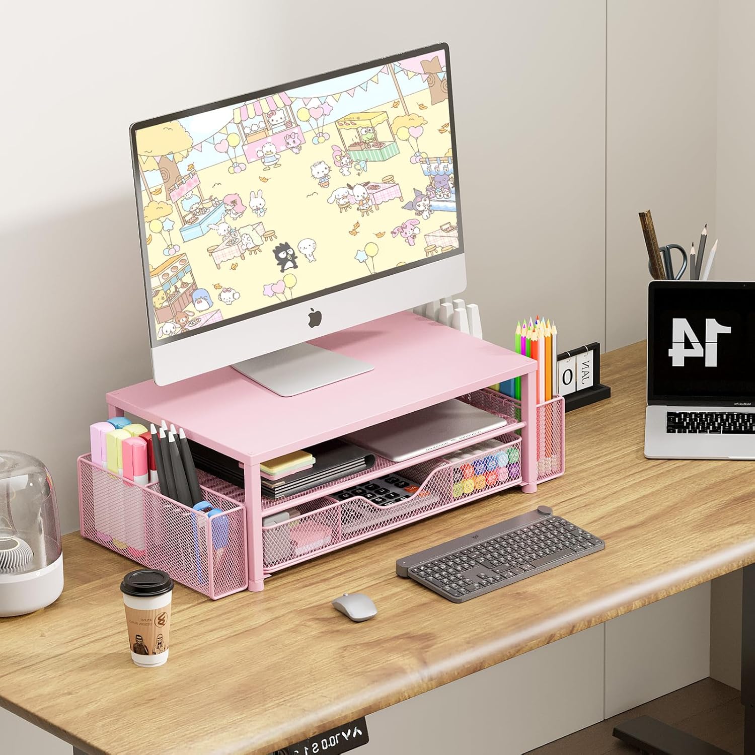 Desk Organizers and Accessories, 2-Tier Computer Monitor Stand Riser with Drawer and 2 Pen Holders, Office Desk Accessories for Office Supplies, Pink