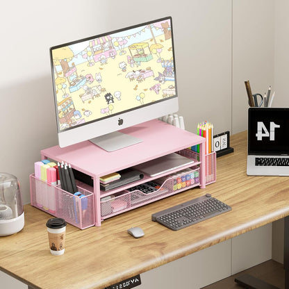 Desk Organizers and Accessories, 2-Tier Computer Monitor Stand Riser with Drawer and 2 Pen Holders, Office Desk Accessories for Office Supplies, Pink