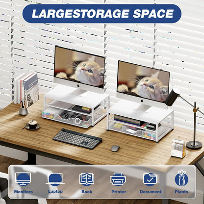 Desk Organizers and Accessories, 2-Tier Computer Monitor Stand Riser for Desk Organizer with Drawer, Desktop Workspace Organizer &amp; Office Desk Computer Accessories for Office Supplies(White)