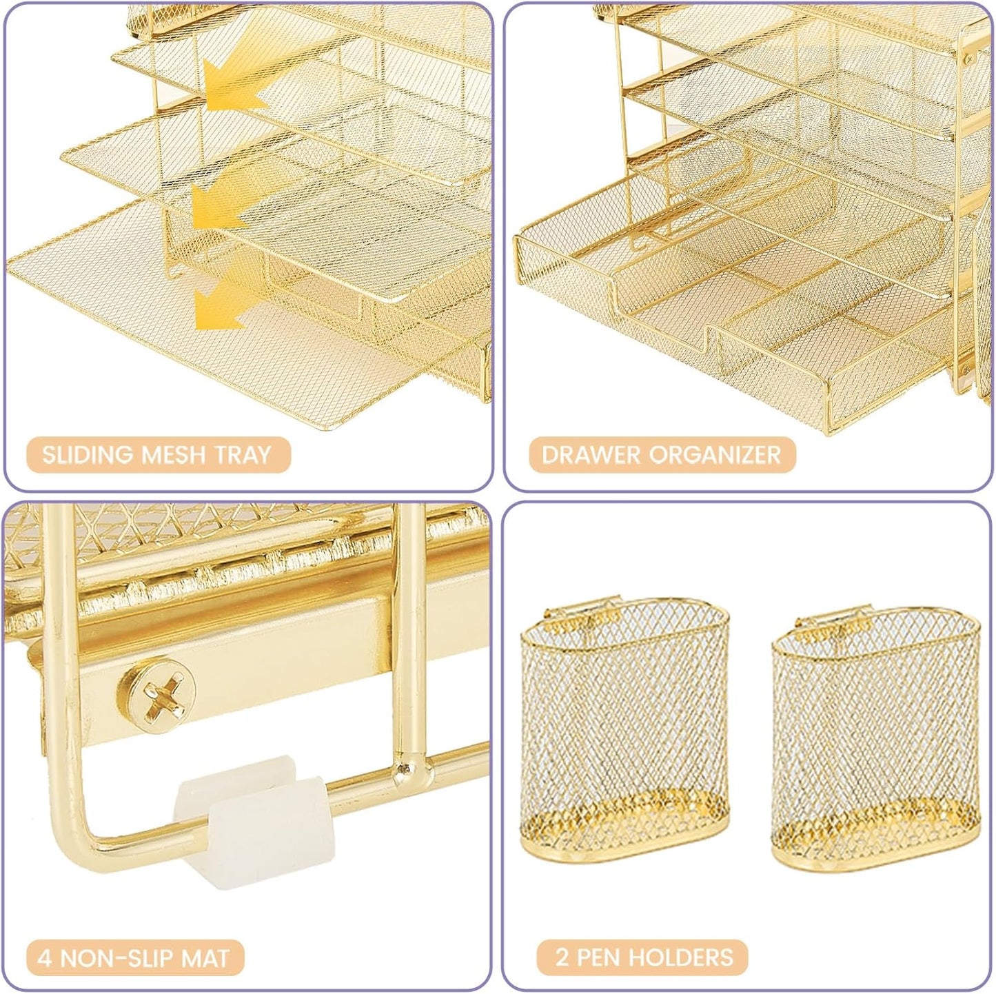 Desk Organizers and Accessories, 5-Tier Paper File Organizer with Drawer &amp; Pen Holder, Office Desk Accessories Workspace Desktop Organizer for Office Supplies(Gold)