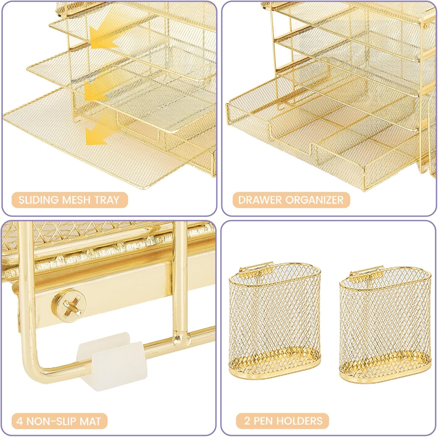 Desk Organizers and Accessories, 5-Tier Paper File Organizer with Drawer &amp; Pen Holder, Office Desk Accessories Workspace Desktop Organizer for Office Supplies(Gold)