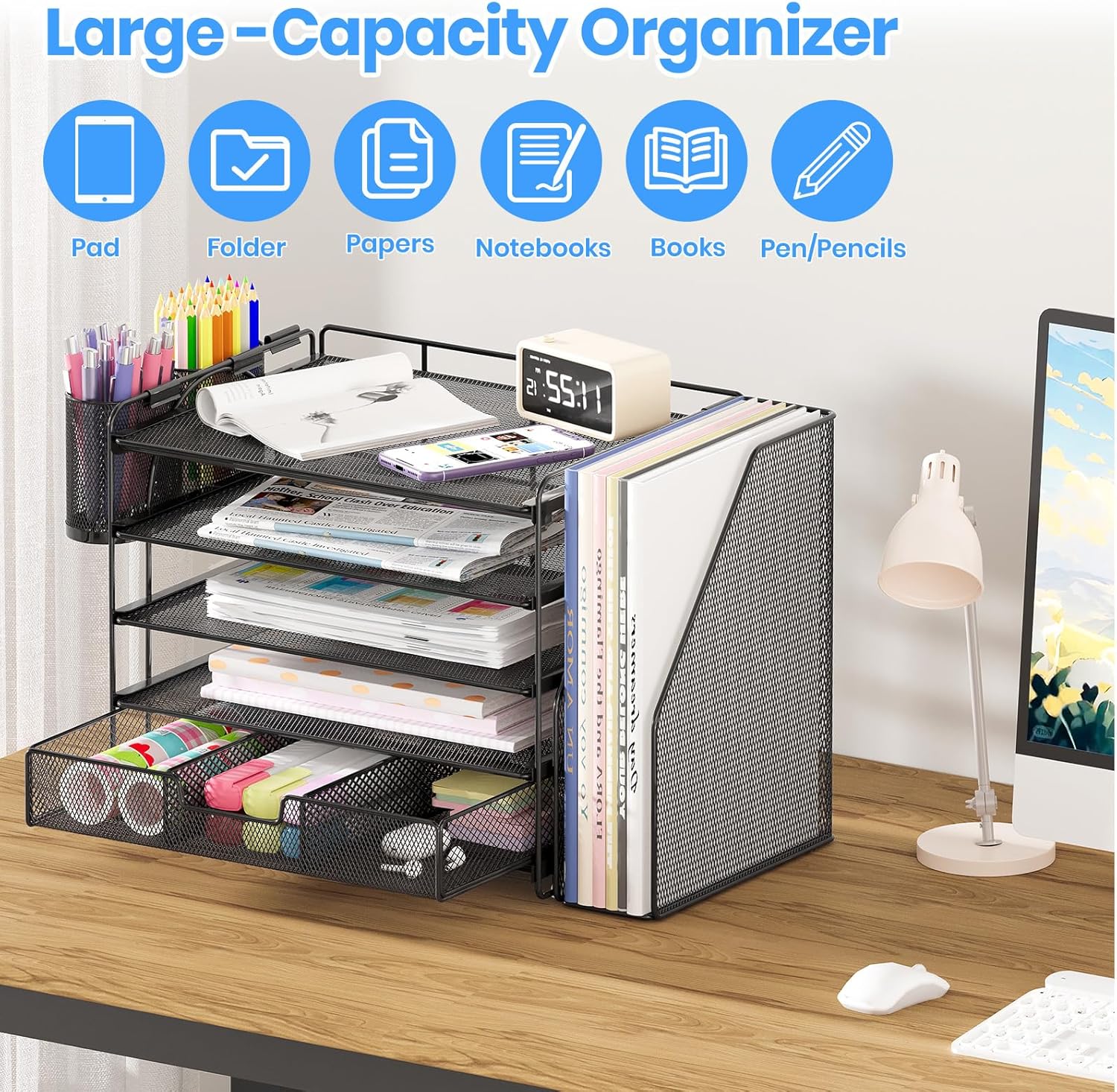 Desk Organizers and Accessories, 5-Tier Paper File Organizer with Drawer &amp; Pen Holder, Office Desk Accessories Workspace Desktop Organizer for Office Supplies(Black)