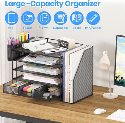 Desk Organizers and Accessories, 5-Tier Paper File Organizer with Drawer &amp; Pen Holder, Office Desk Accessories Workspace Desktop Organizer for Office Supplies(Black)