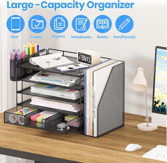 Desk Organizers and Accessories, 5-Tier Paper File Organizer with Drawer &amp; Pen Holder, Office Desk Accessories Workspace Desktop Organizer for Office Supplies(Black)
