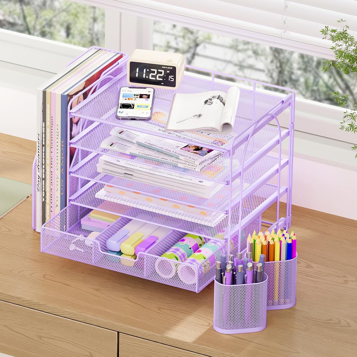 Desk Organizers and Accessories, 5-Tier Paper File Organizer with Drawer &amp; Pen Holder, Office Desk Accessories Workspace Desktop Organizer for Office Supplies((Purple)