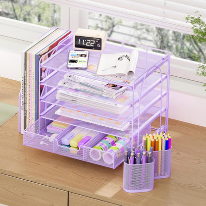 Desk Organizers and Accessories, 5-Tier Paper File Organizer with Drawer &amp; Pen Holder, Office Desk Accessories Workspace Desktop Organizer for Office Supplies((Purple)