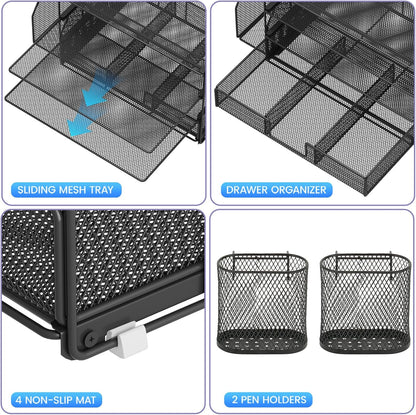 Desk Organizers and Accessories, 5-Tier Paper File Organizer with Drawer &amp; Pen Holder, Office Desk Accessories Workspace Desktop Organizer for Office Supplies(Black)