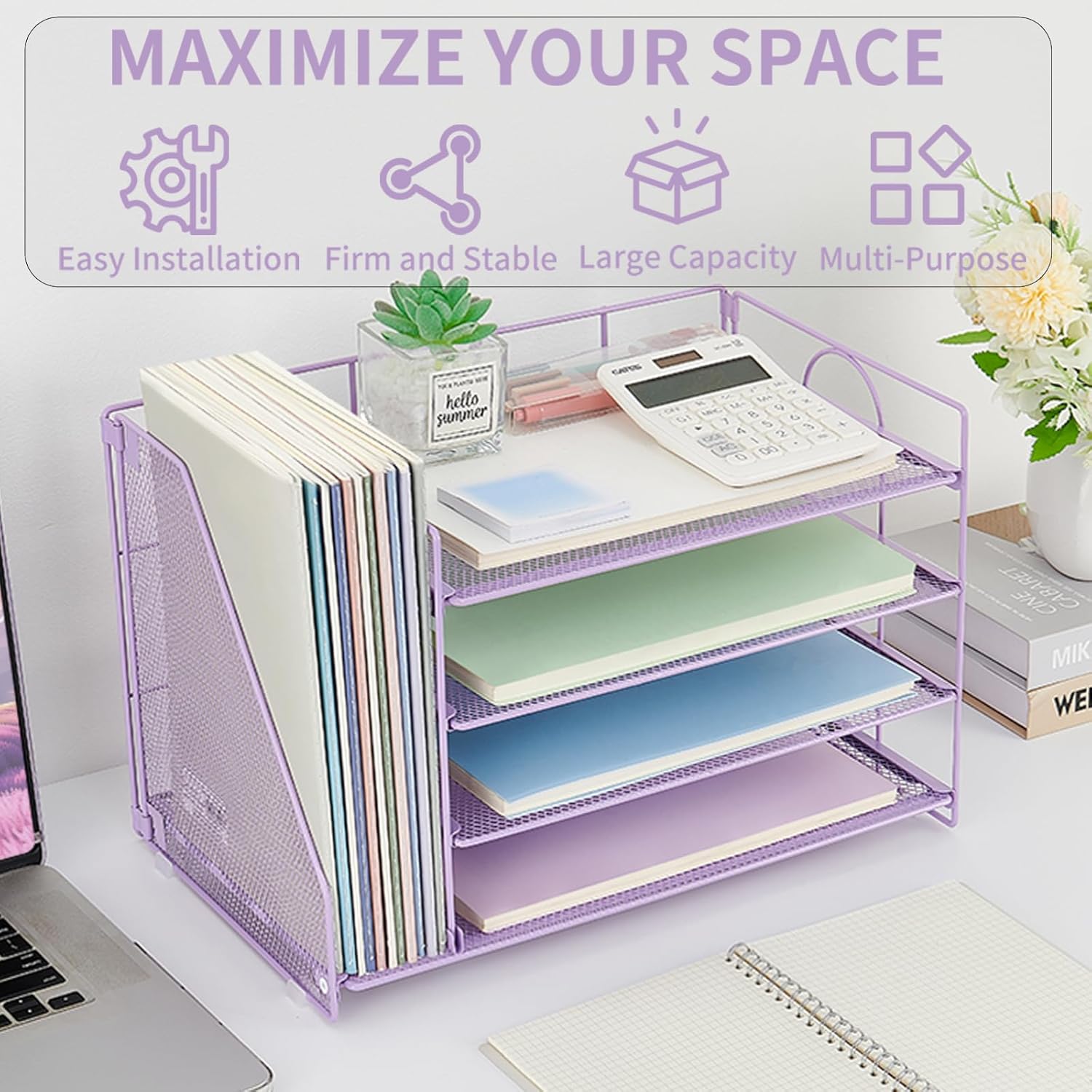 Desk Organizers and Accessories, 4 Tier Paper Letter Tray File Organizer, Office Organization Storage Desk Accessories Workspace Desktop Organizer for Classroom Office Supplies Decor, Purple