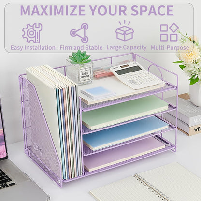 Desk Organizers and Accessories, 4 Tier Paper Letter Tray File Organizer, Office Organization Storage Desk Accessories Workspace Desktop Organizer for Classroom Office Supplies Decor, Purple