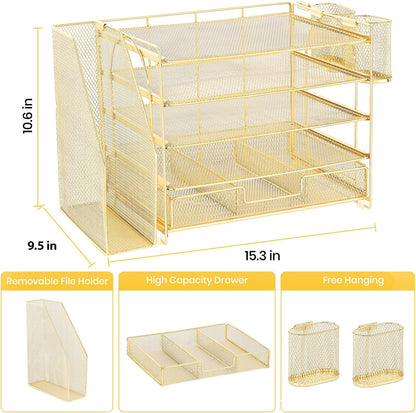 Desk Organizers and Accessories, 5-Tier Paper File Organizer with Drawer &amp; Pen Holder, Office Desk Accessories Workspace Desktop Organizer for Office Supplies(Gold)