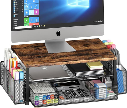 Desk Organizers and Accessories, 2-Tier Computer Monitor Stand Riser with Drawer and 2 Pen Holders, Office Desk Accessories for Office Supplies, Brown