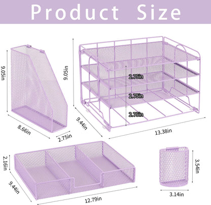 Desk Organizer and Accessories, 4-Tier Desktop File Organizer with Drawer and 2 Pen Holders, Office Desk Accessories for Office Supplies(Purple)