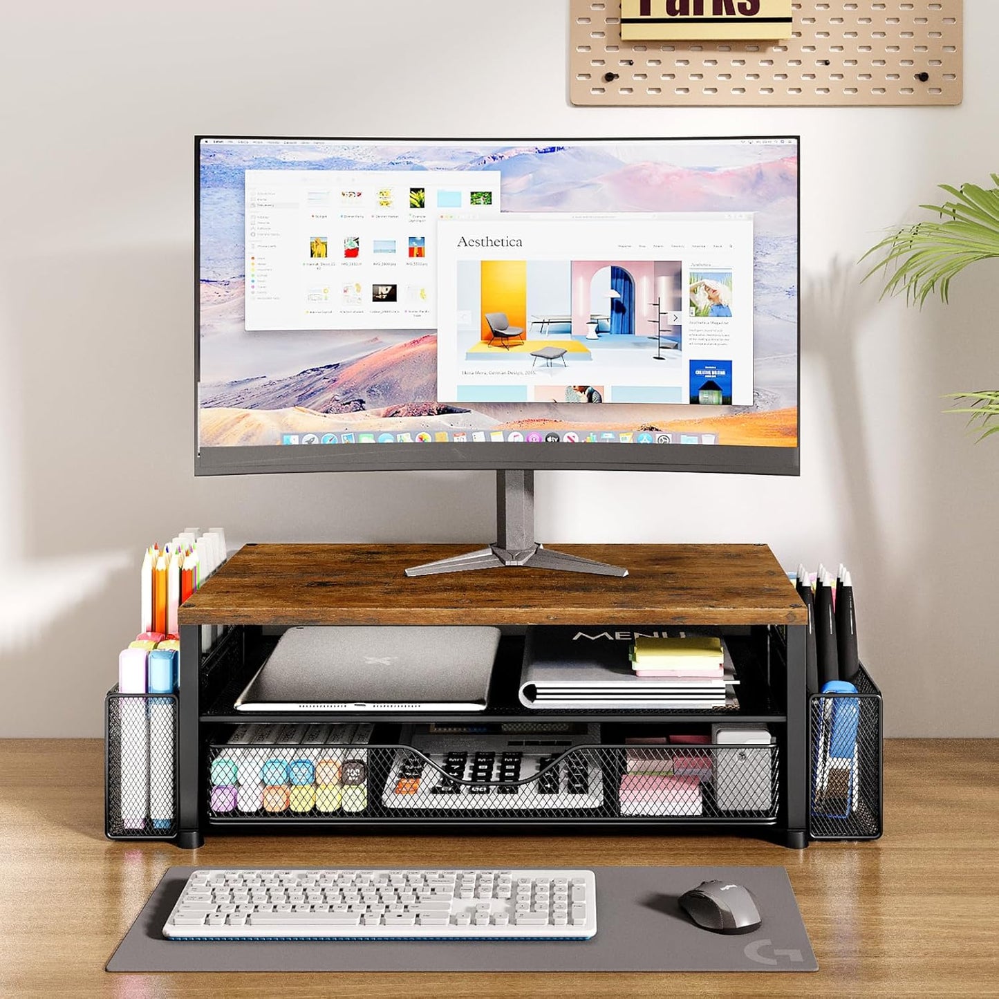 Desk Organizers and Accessories, 2-Tier Computer Monitor Stand Riser with Drawer and 2 Pen Holders, Office Desk Accessories for Office Supplies, Brown