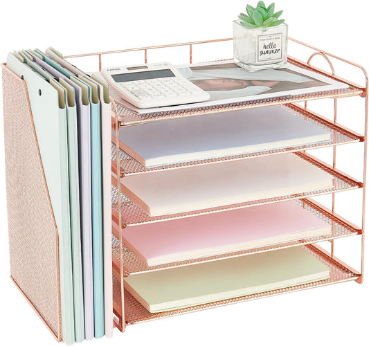 Desk Organizers and Accessories, 5 Tier Paper Letter Tray File Organizer, Office Organization Storage Desk Accessories Workspace Desktop Organizer for Classroom Office Supplies Decor(Rose)