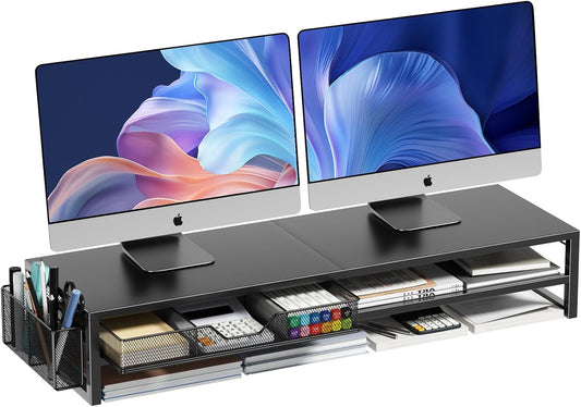 Desk Organizers and Accessories, 2-Tier Dual Computer Monitor Stand Riser for Desk Organizer with Drawer &amp; Pen Holder, Desktop Workspace Organizer &amp; Desk Accessories for Office Supplies(Black)