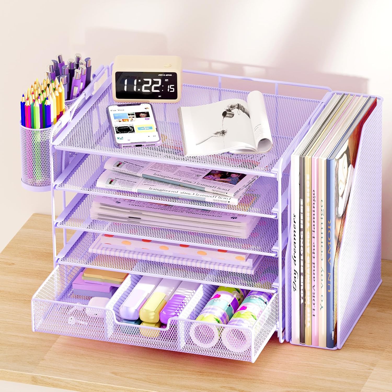 Desk Organizers and Accessories, 5-Tier Paper File Organizer with Drawer &amp; Pen Holder, Office Desk Accessories Workspace Desktop Organizer for Office Supplies((Purple)